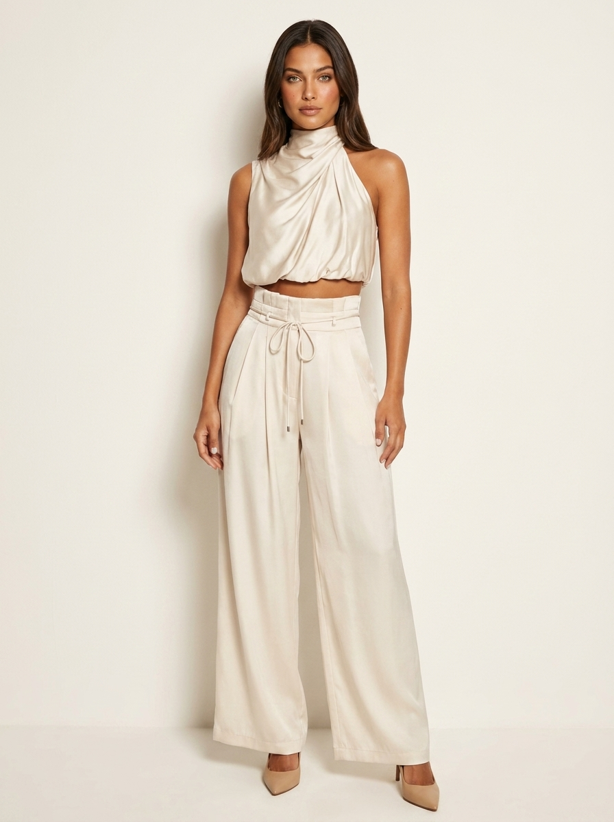 Women's Satin Set | Halter Top and Wide Leg Pants | Black