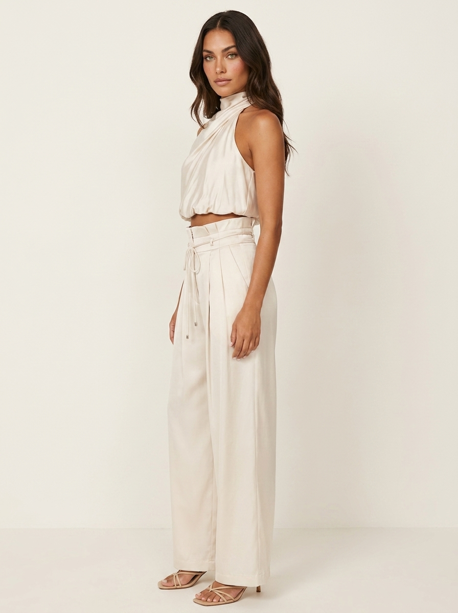 Women's Satin Set | Halter Top and Wide Leg Pants | Black