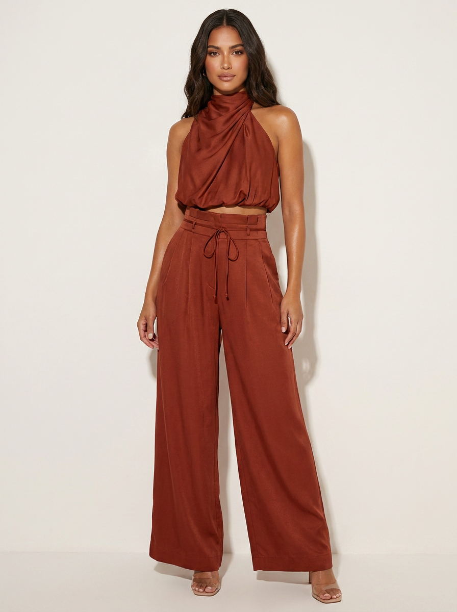 Women's Satin Set | Halter Top and Wide Leg Pants | Black