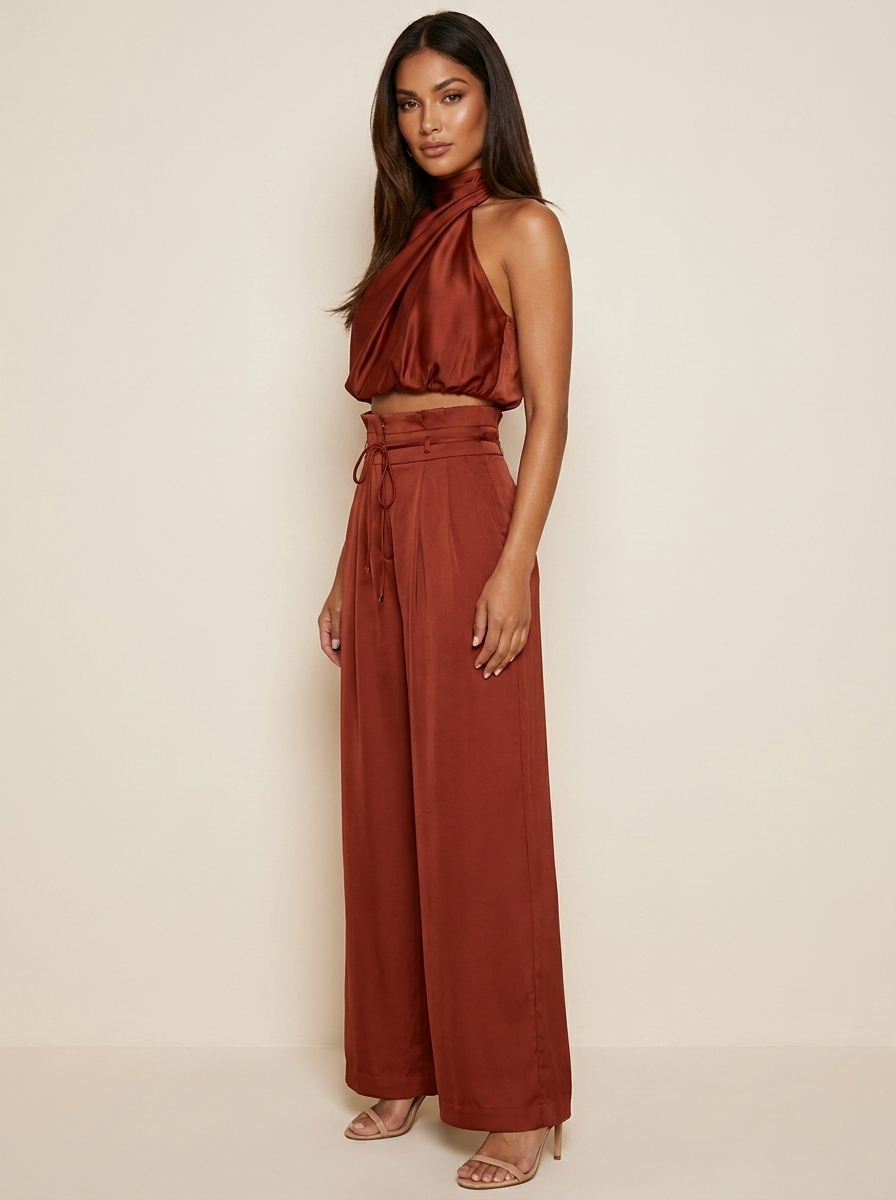 Women's Satin Set | Halter Top and Wide Leg Pants | Black