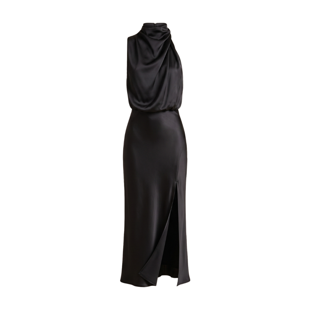 Women's Satin Midi Dress | Halter Neckline, Front Draped