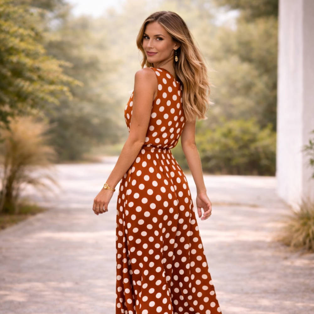 Polka Dot Maxi Dress Vintage Inspired Flattering Fit