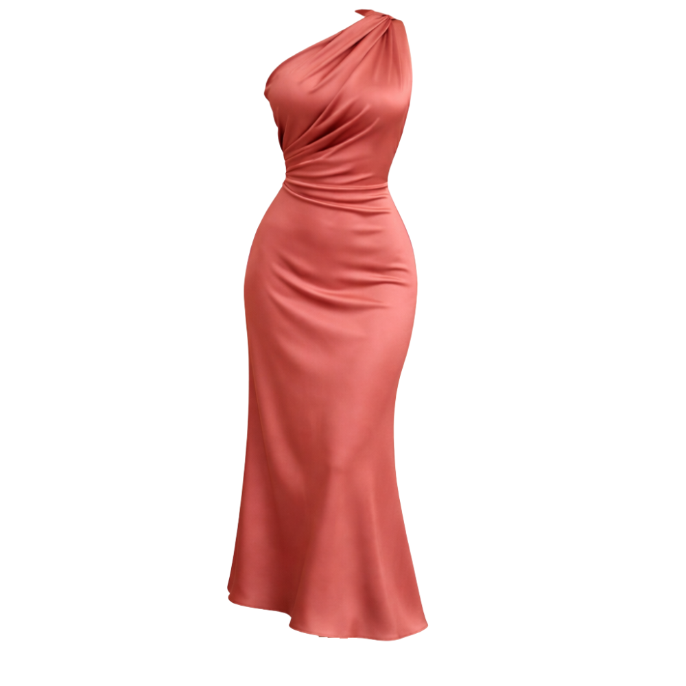 Midi Satin Dress | Asymmetrical Neckline | Elegant Fit