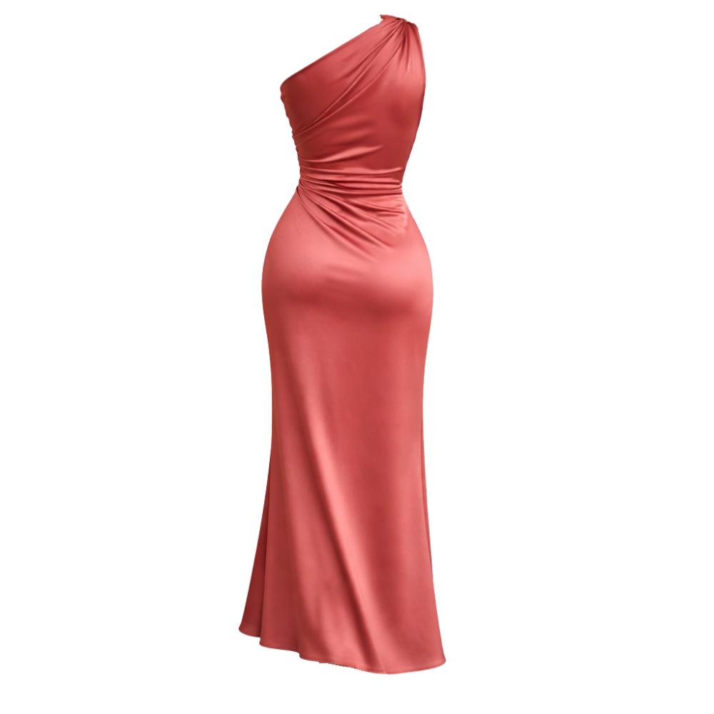Midi Satin Dress | Asymmetrical Neckline | Elegant Fit