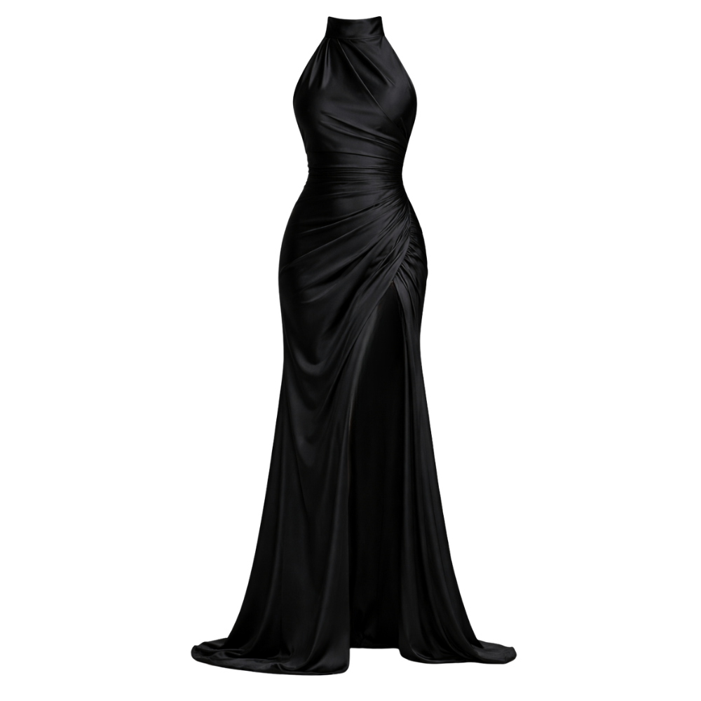 Satin Dress | Maxi Length, High Slit | Asymmetrical Draping