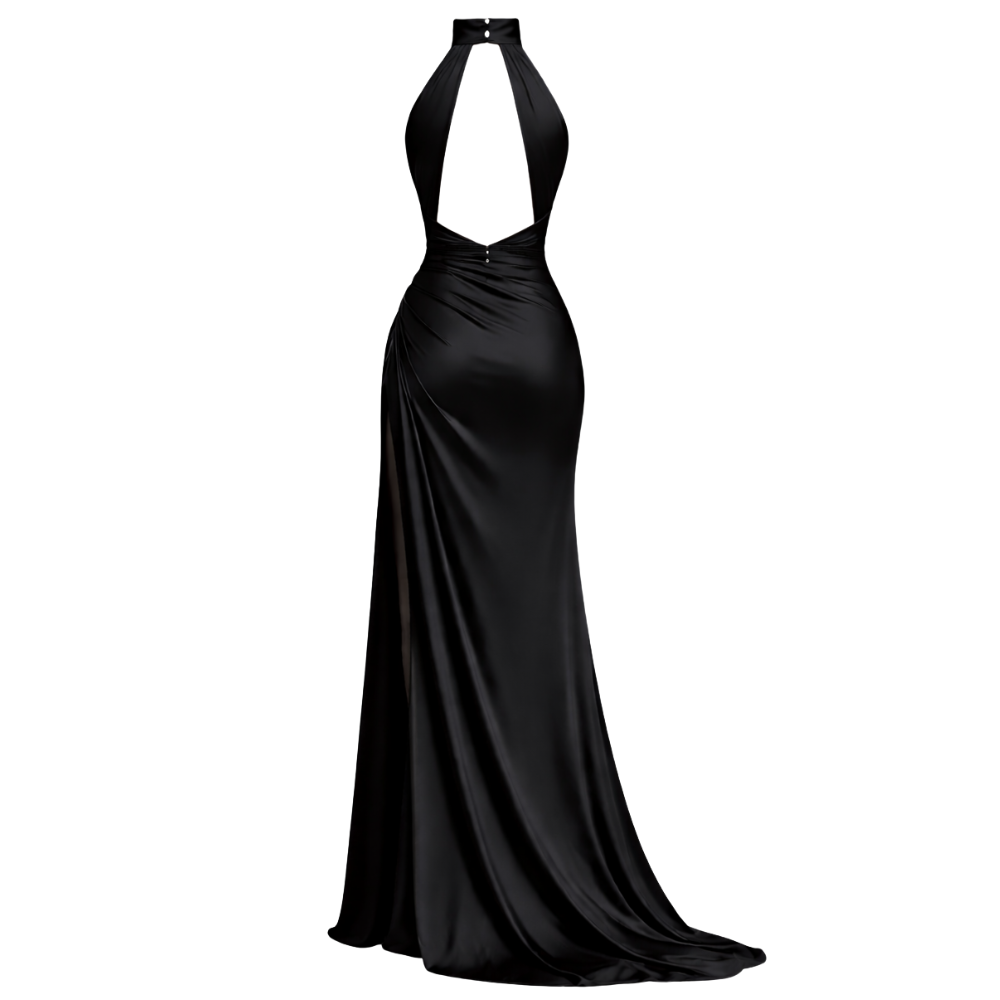 Satin Dress | Maxi Length, High Slit | Asymmetrical Draping