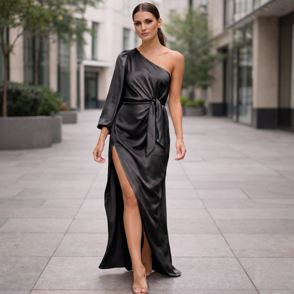 Satin Maxi Dress One Shoulder Elegant
