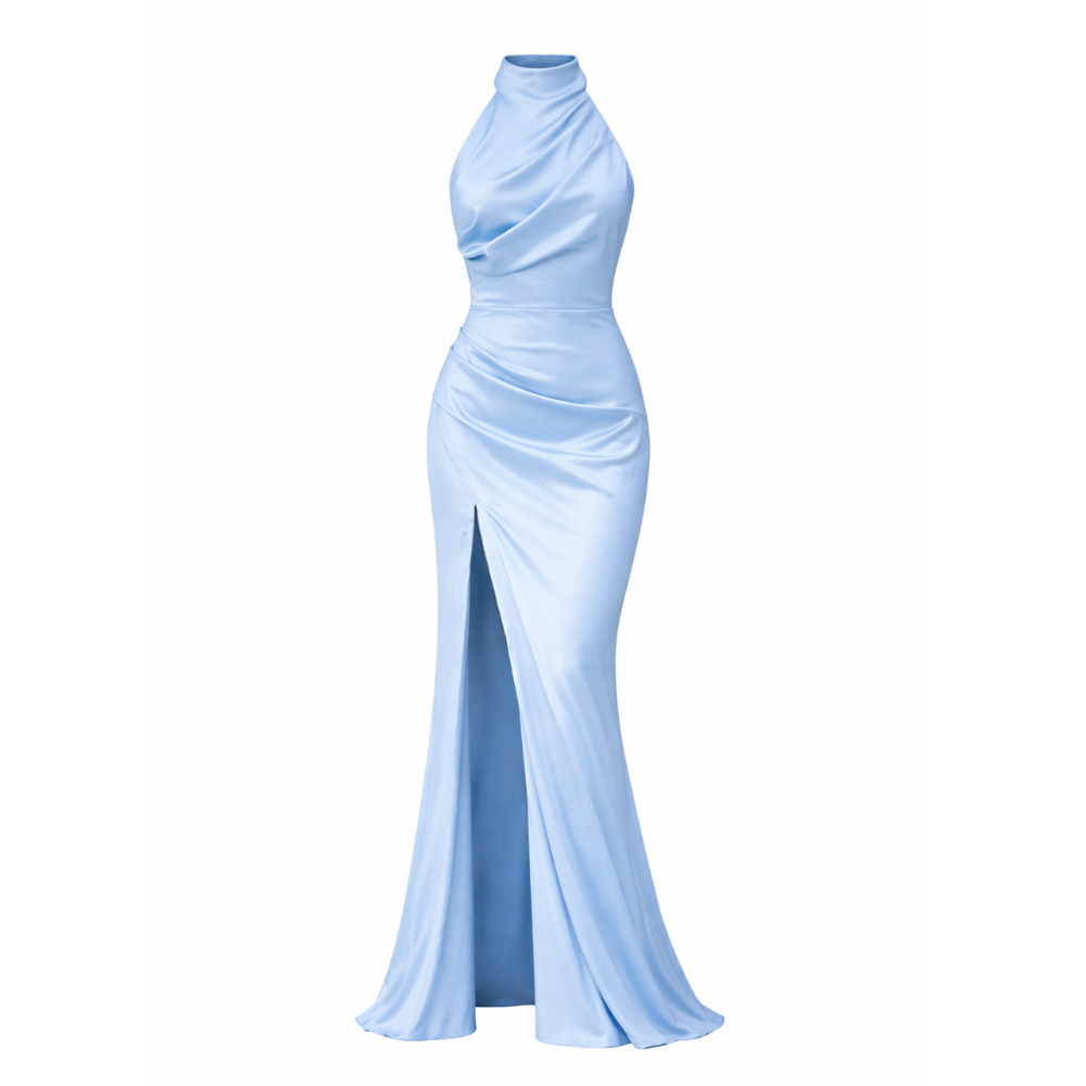 Satin Dress | Halter Neck, High Slit | Elegant