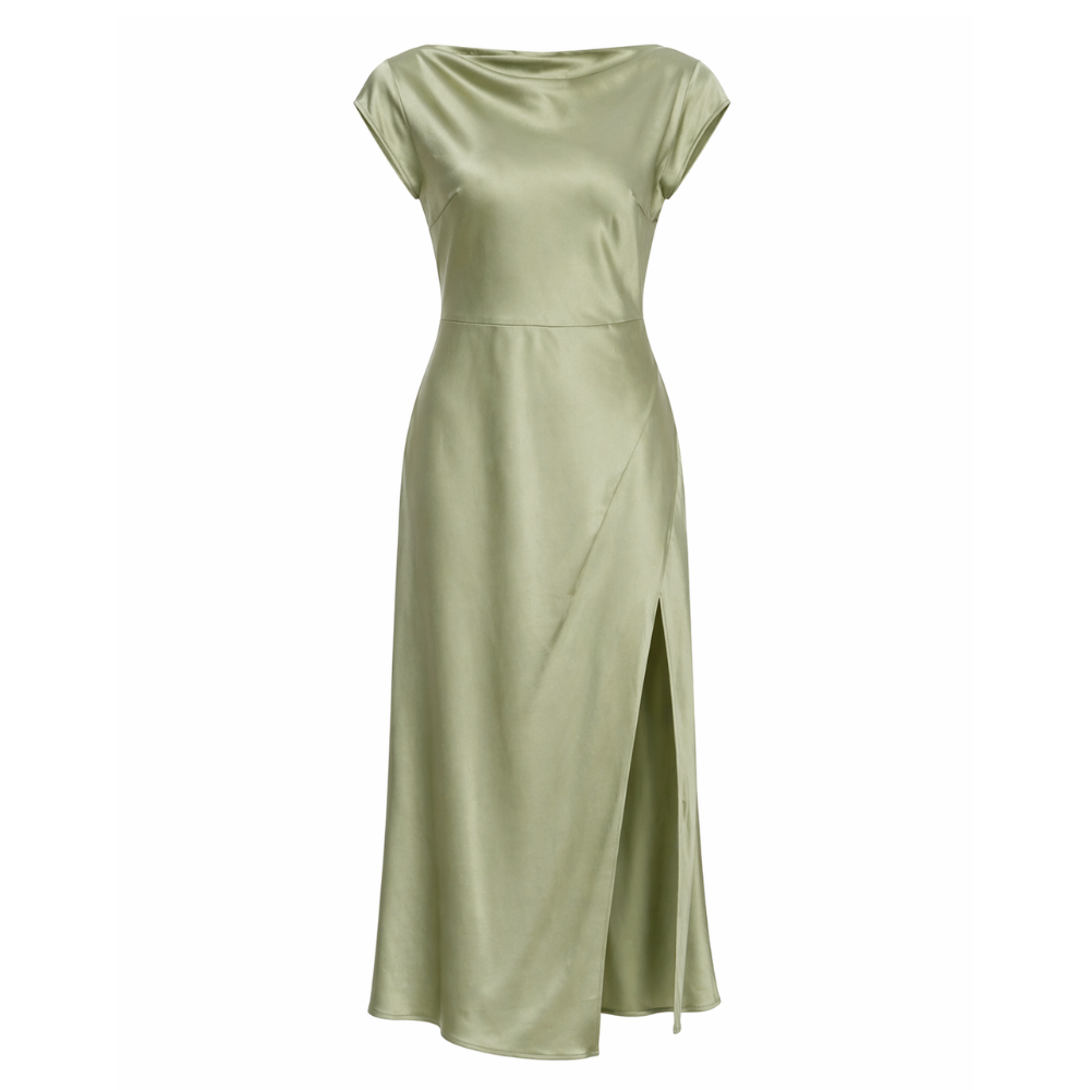 Women's Satin Midi Dress | Cap Sleeves, Side Slit
