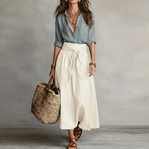 Women's Linen Set | High Waist, Pleated Skirt | Gray, White, Brown, Green