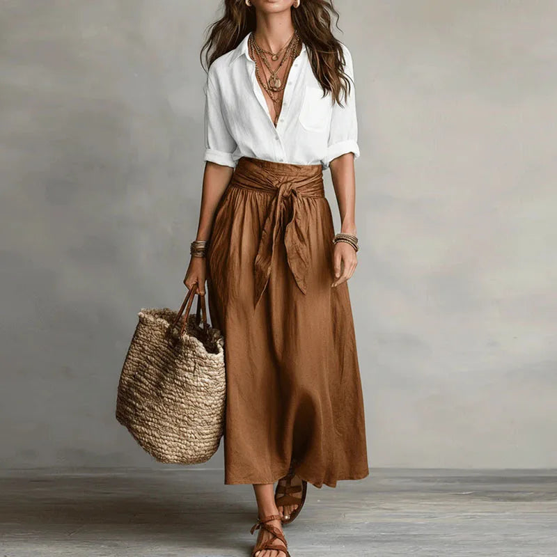 Women's Linen Set | High Waist, Pleated Skirt | Gray, White, Brown, Green