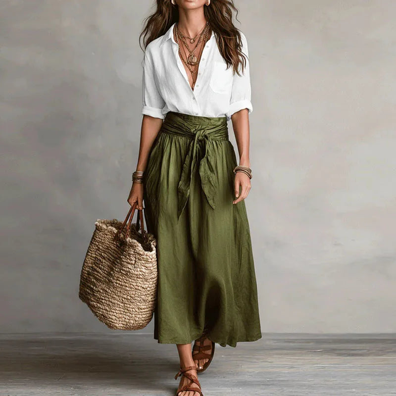 Women's Linen Set | High Waist, Pleated Skirt | Gray, White, Brown, Green