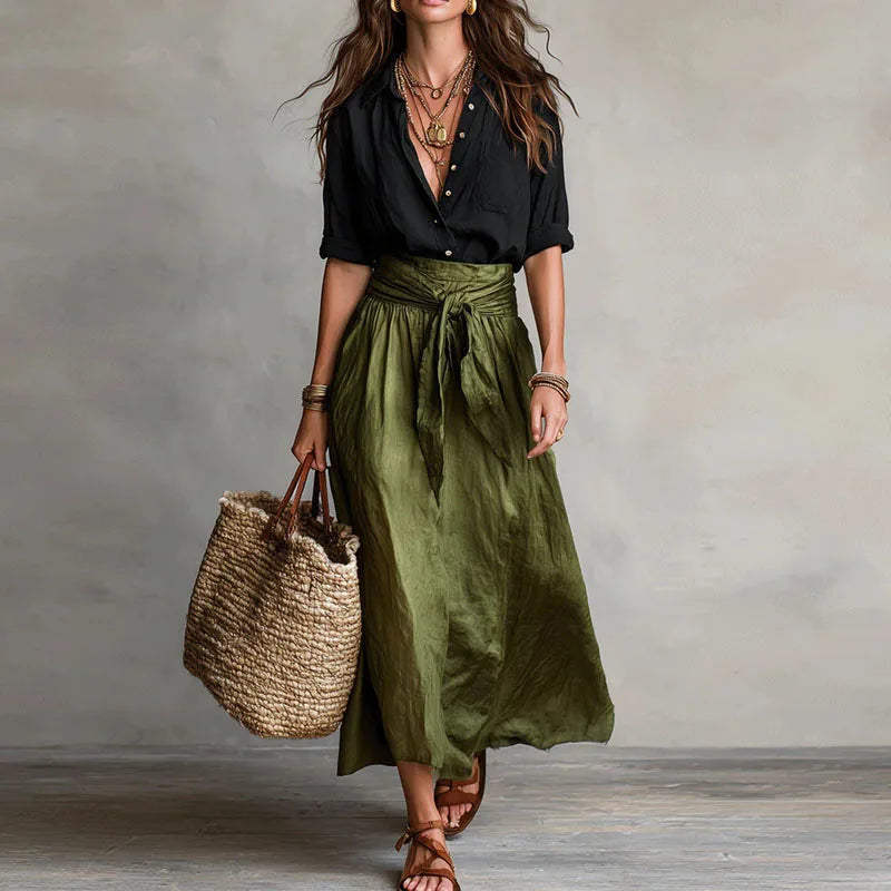 Women's Linen Set | High Waist, Pleated Skirt | Gray, White, Brown, Green