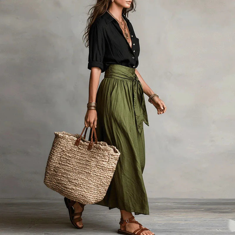 Women's Linen Set | High Waist, Pleated Skirt | Gray, White, Brown, Green
