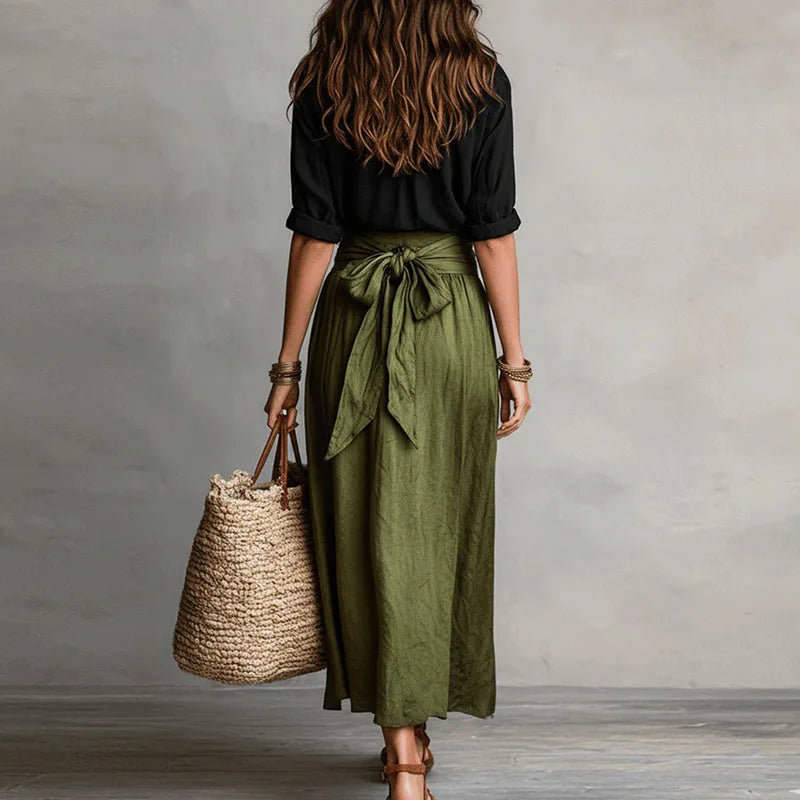 Women's Linen Set | High Waist, Pleated Skirt | Gray, White, Brown, Green