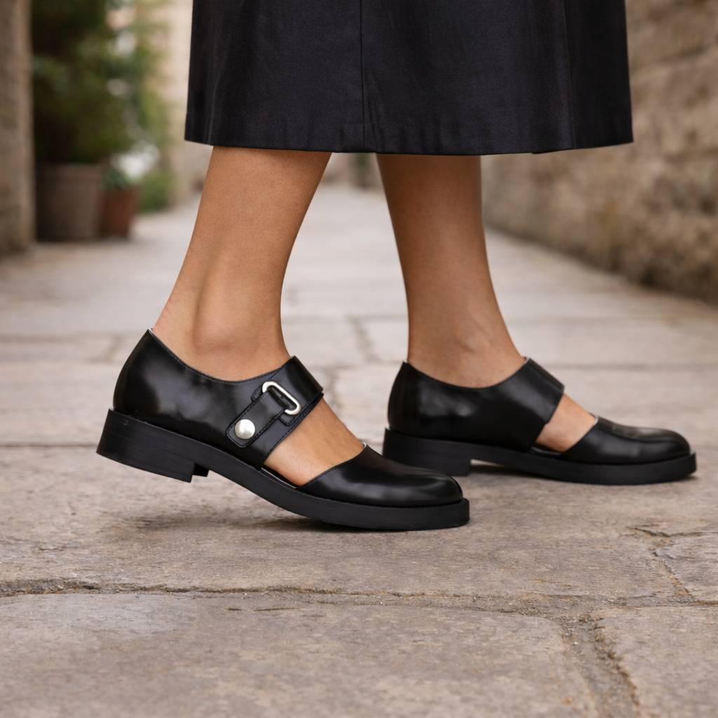 Women's Mary Jane Shoes | Black Leather, Buckle Strap