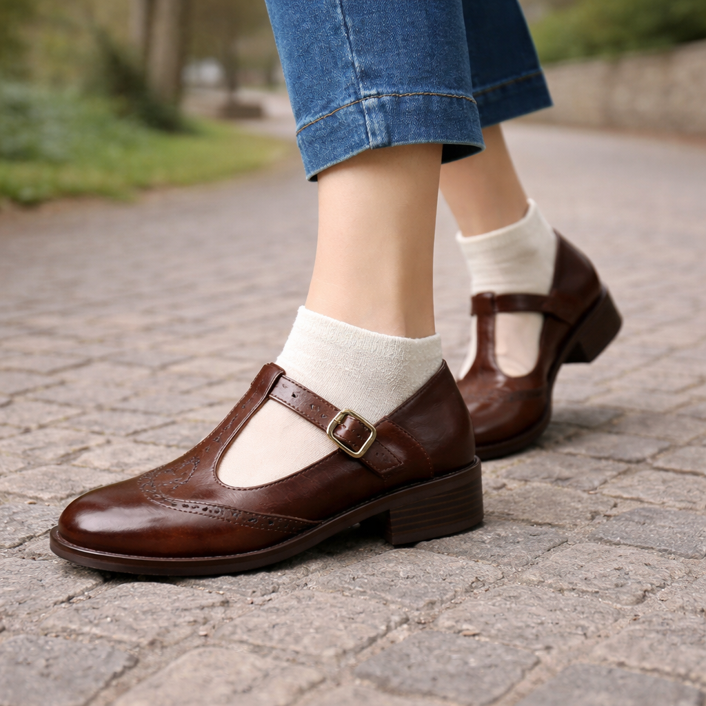Women's Mary Jane Shoes | T-Strap, Low Heel | Brogue Detail