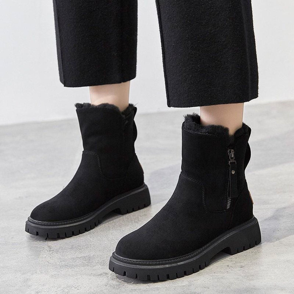 Womens Suede Style Ankle Boots Winter Fleece Lined Chunky Side Zip