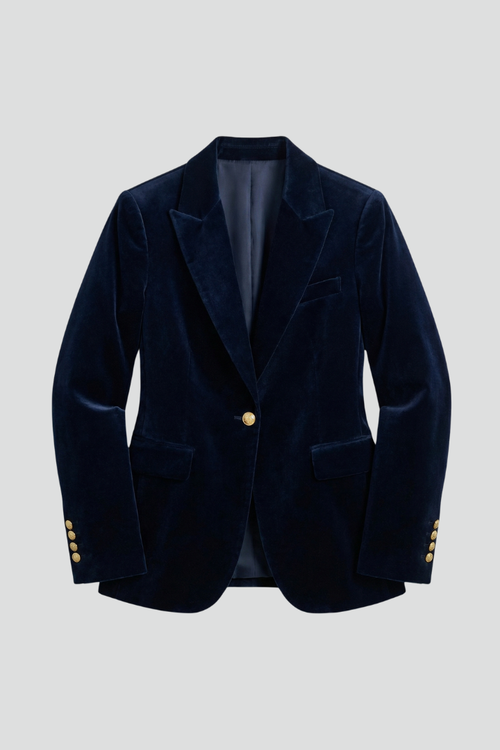 Women velvet blazer single button notch lapel fitted hip length