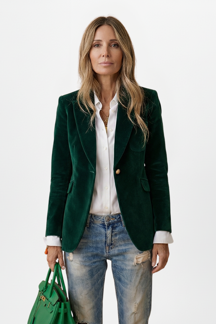 Women velvet blazer single button notch lapel fitted hip length