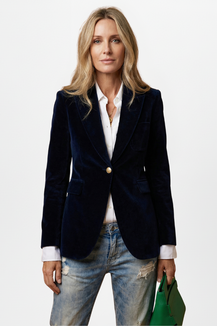 Women velvet blazer single button notch lapel fitted hip length