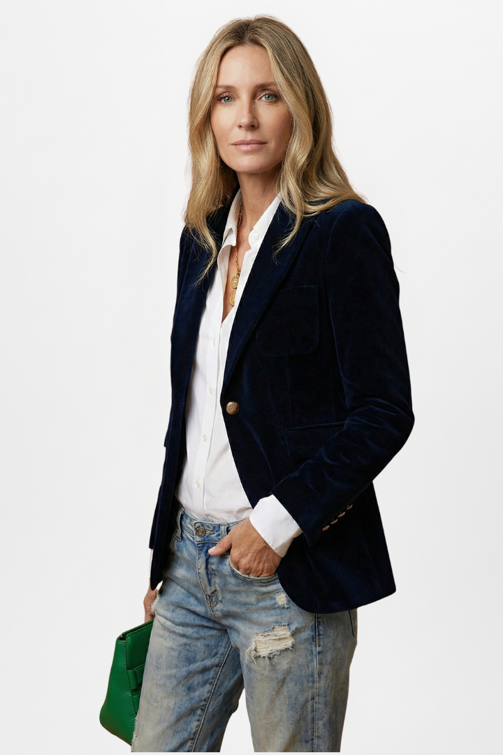 Women velvet blazer single button notch lapel fitted hip length