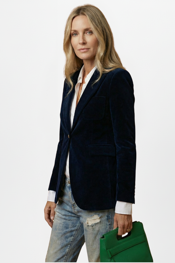 Women velvet blazer single button notch lapel fitted hip length