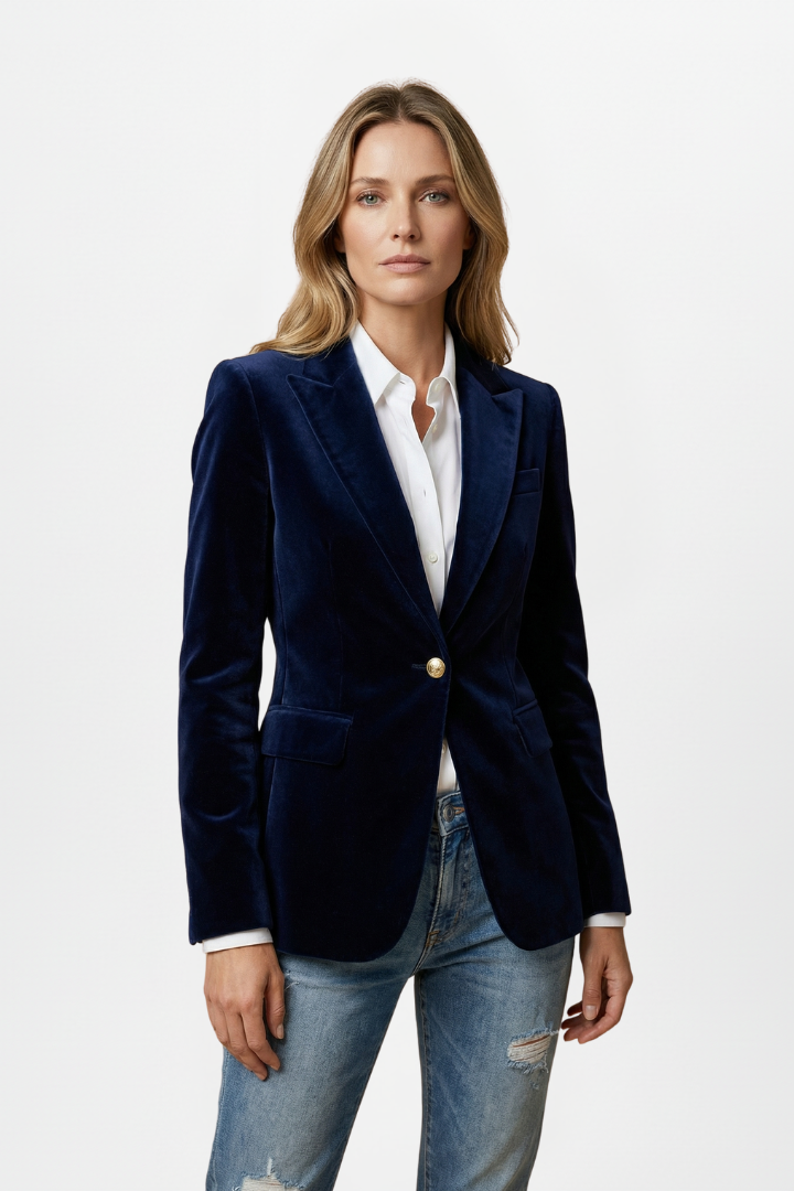 Women velvet blazer single button notch lapel fitted hip length