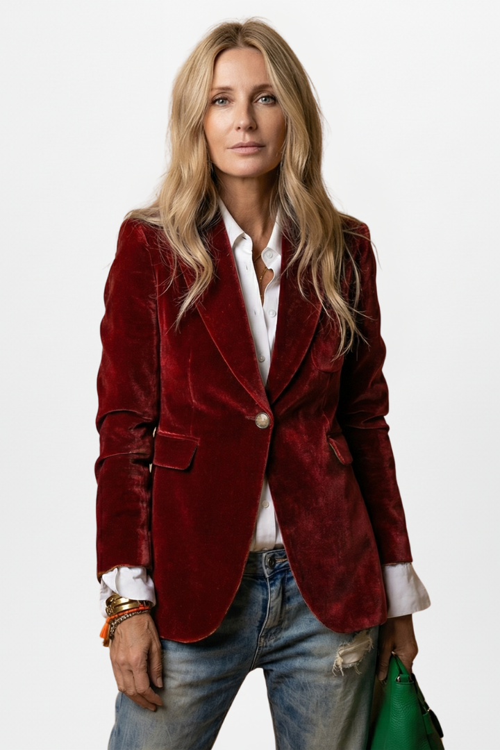 Women velvet blazer single button notch lapel fitted hip length