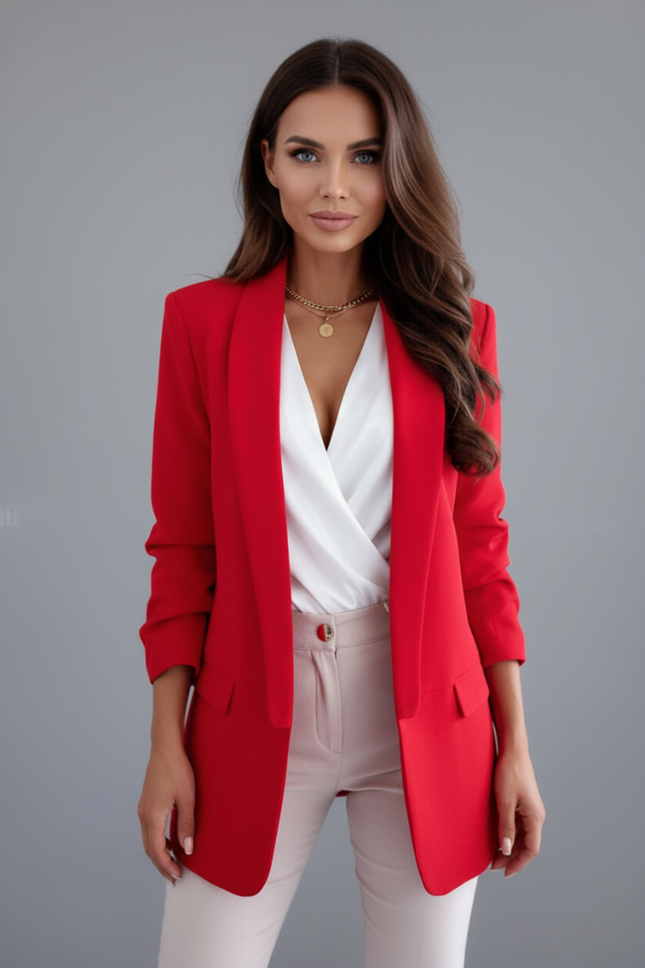 Women fitted blazer shawl collar long hip-length with flap pockets