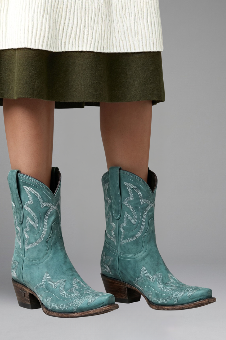 Women leather cowboy boots embroidered mid calf pointed toe low stacked heel