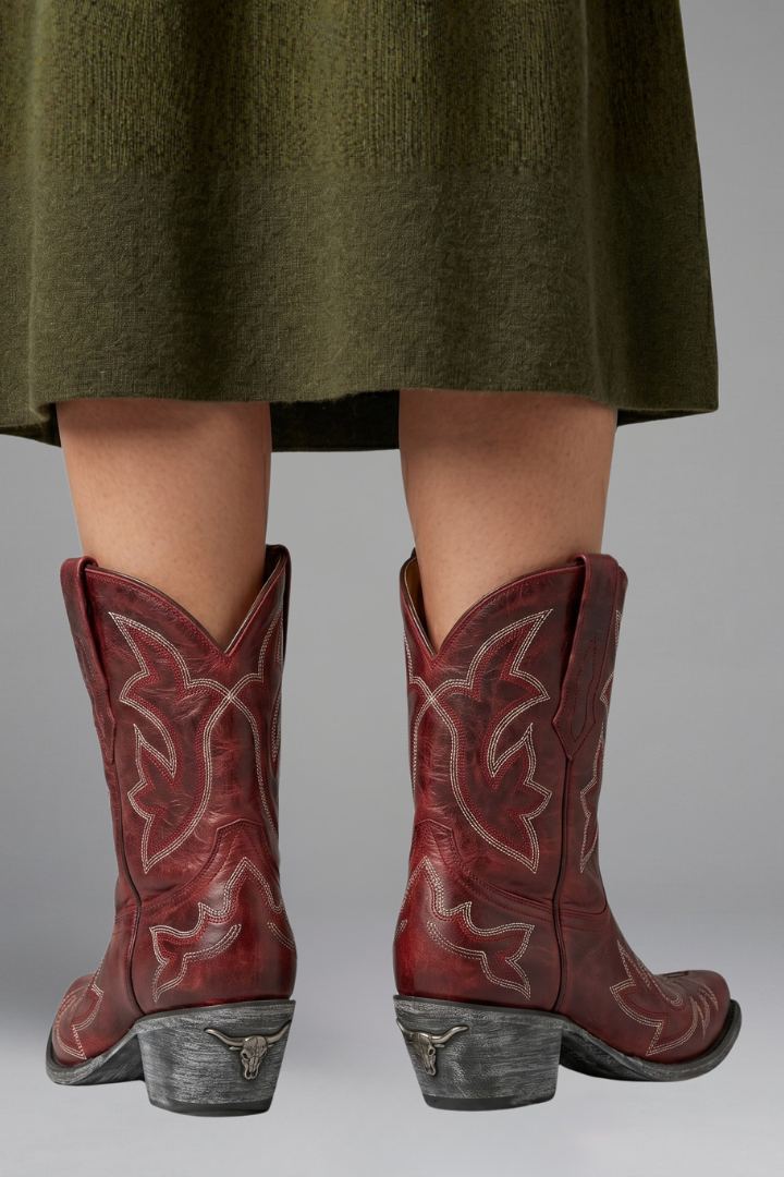 Women leather cowboy boots embroidered mid calf pointed toe low stacked heel