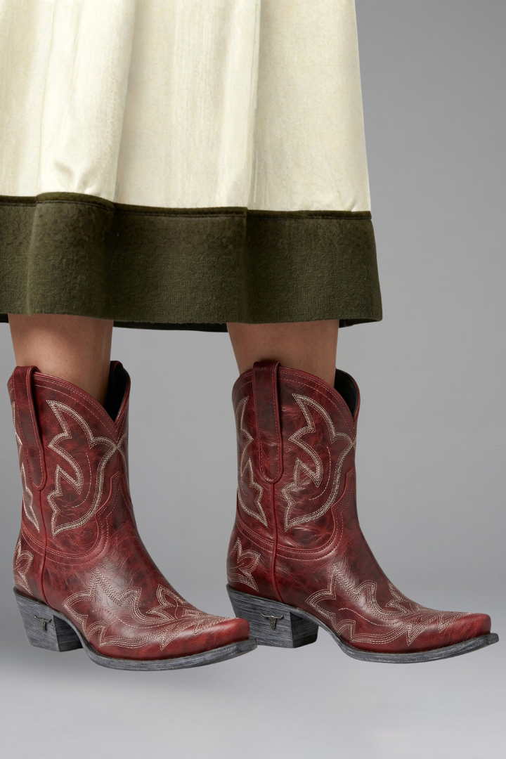 Women leather cowboy boots embroidered mid calf pointed toe low stacked heel