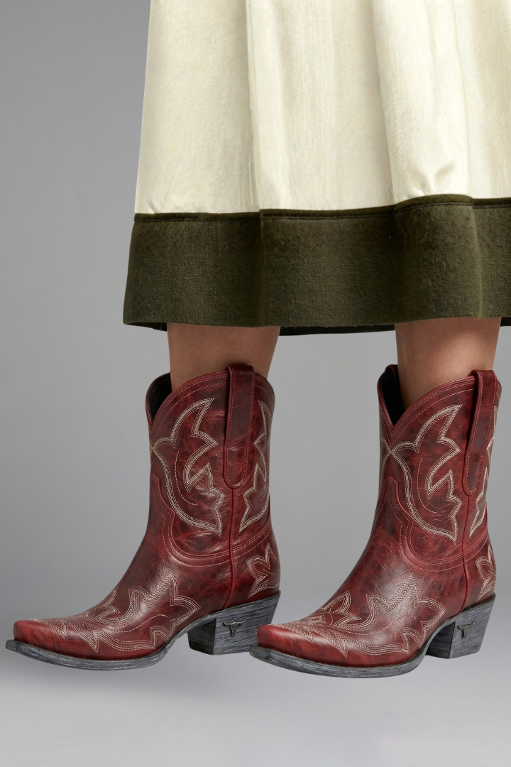 Women leather cowboy boots embroidered mid calf pointed toe low stacked heel