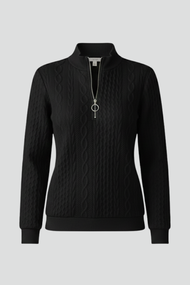Women cable knit jumper with zip neck and raised cable texture