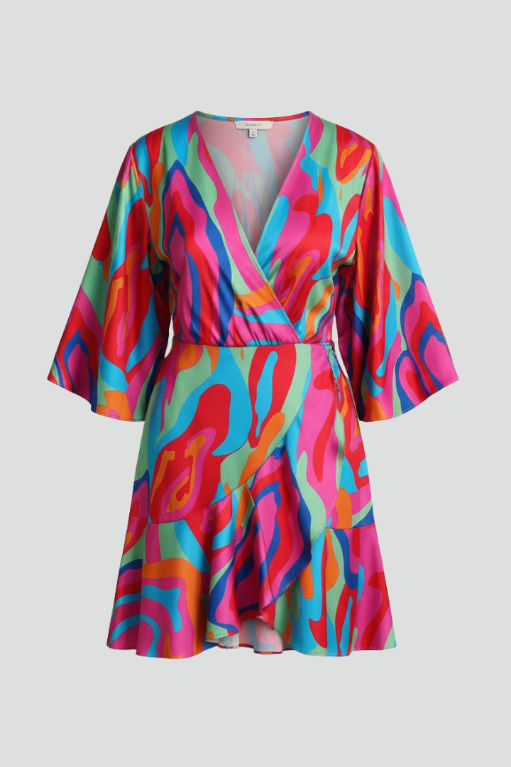 Women mini party dress batwing sleeves V-neck with adjustable waist tie