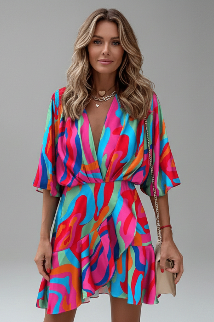 Women mini party dress batwing sleeves V-neck with adjustable waist tie