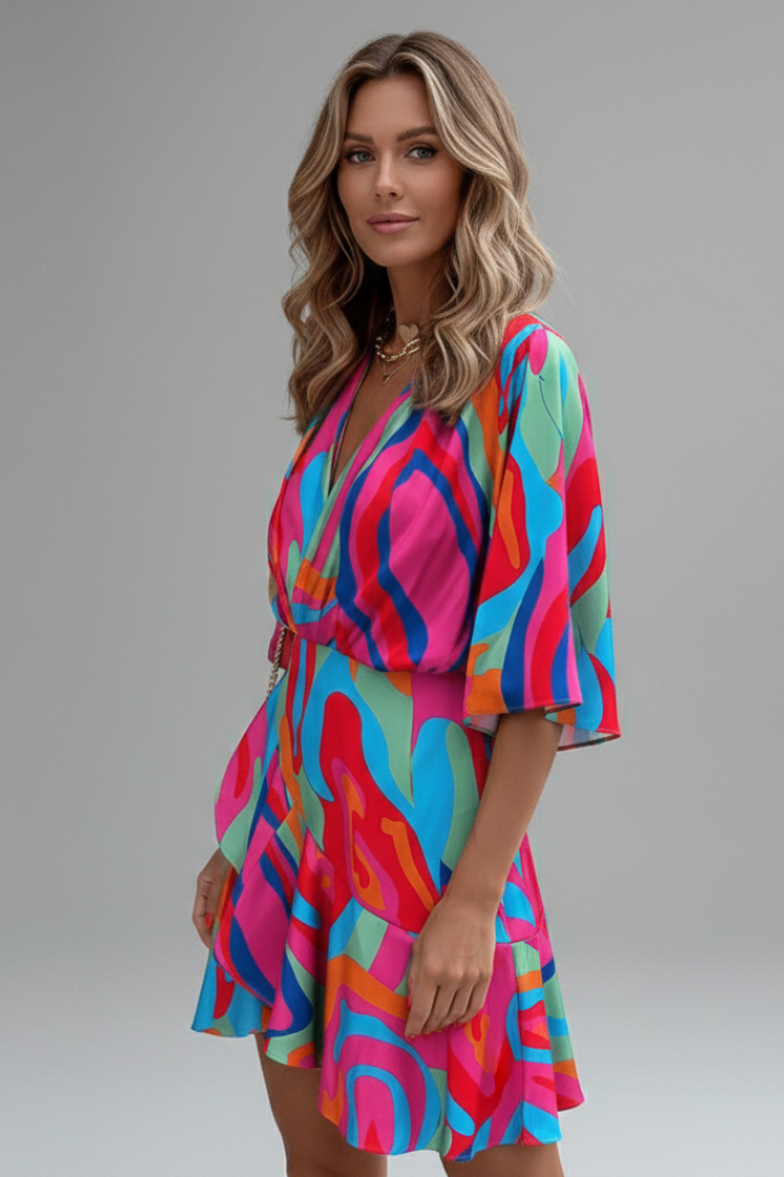 Women mini party dress batwing sleeves V-neck with adjustable waist tie