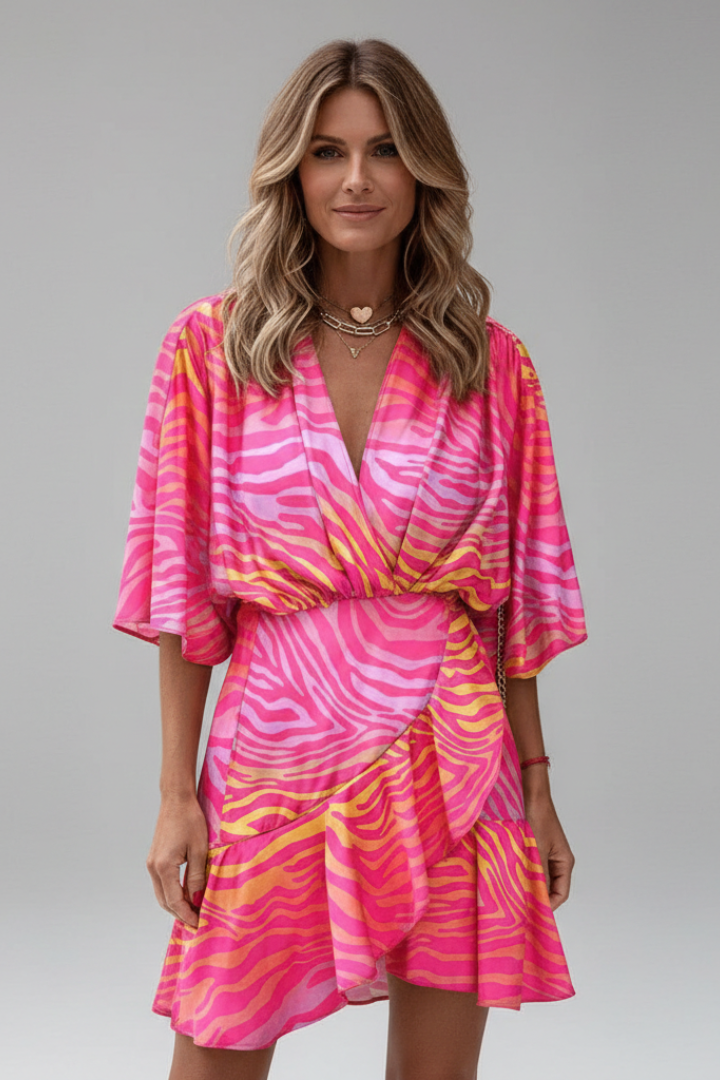Women mini party dress batwing sleeves V-neck with adjustable waist tie