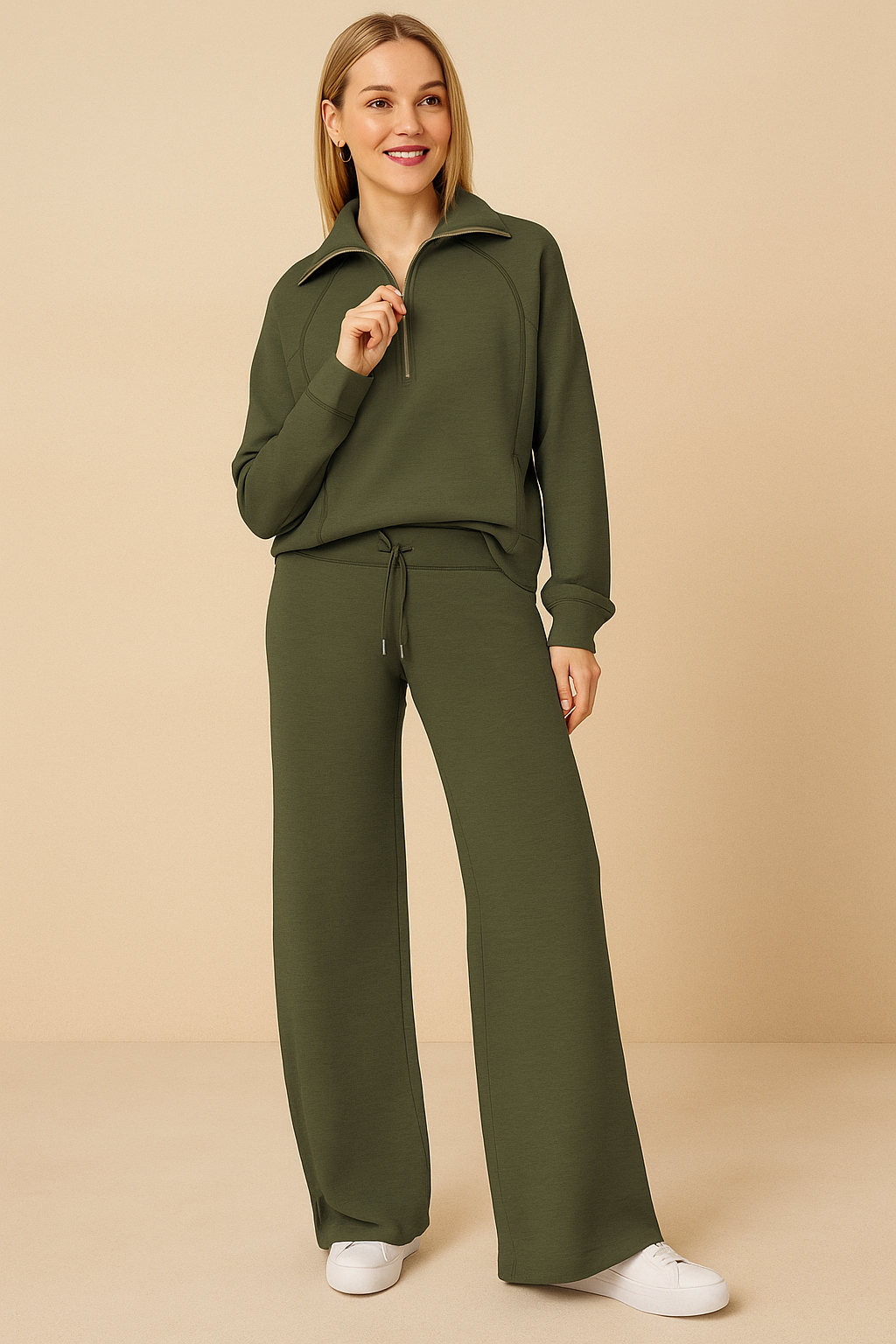 Womens 2 piece zip sweatshirt wide leg set with matte textured finish