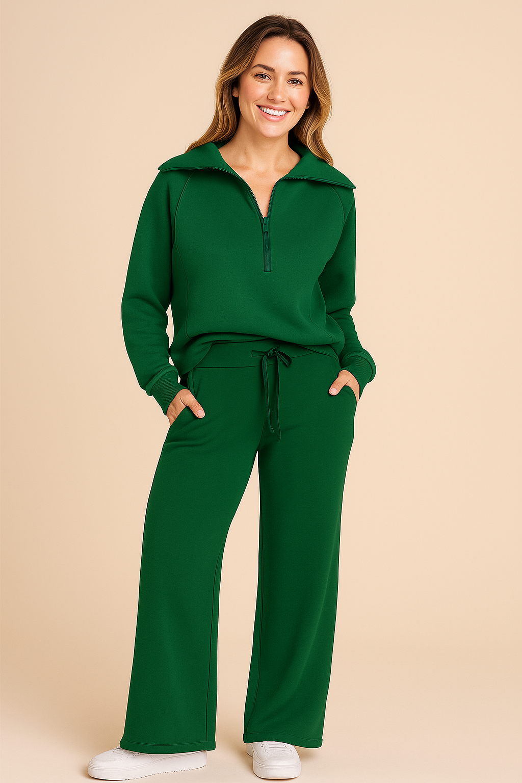 Womens 2 piece zip sweatshirt wide leg set with matte textured finish