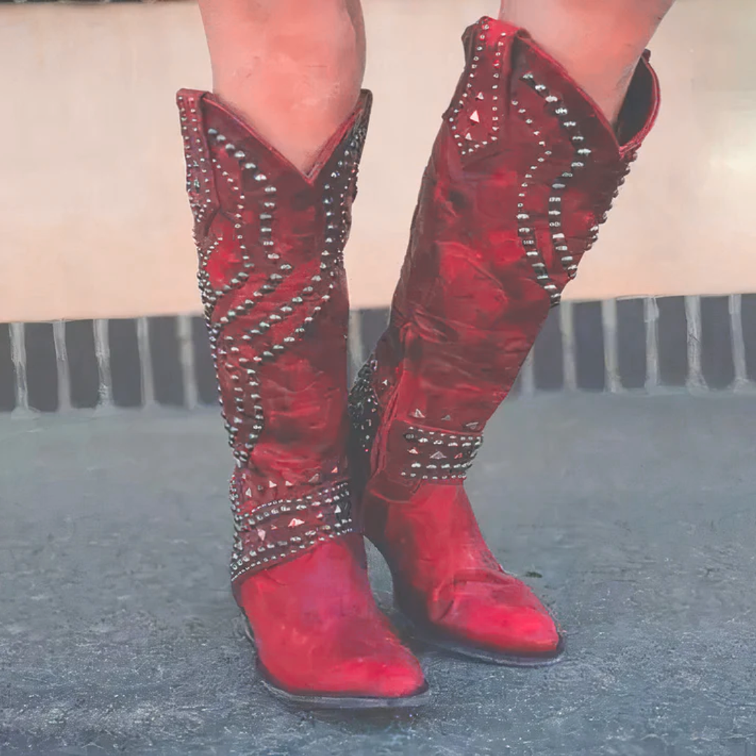 Womens knee high cowboy boots with pointed toe and mid block heel