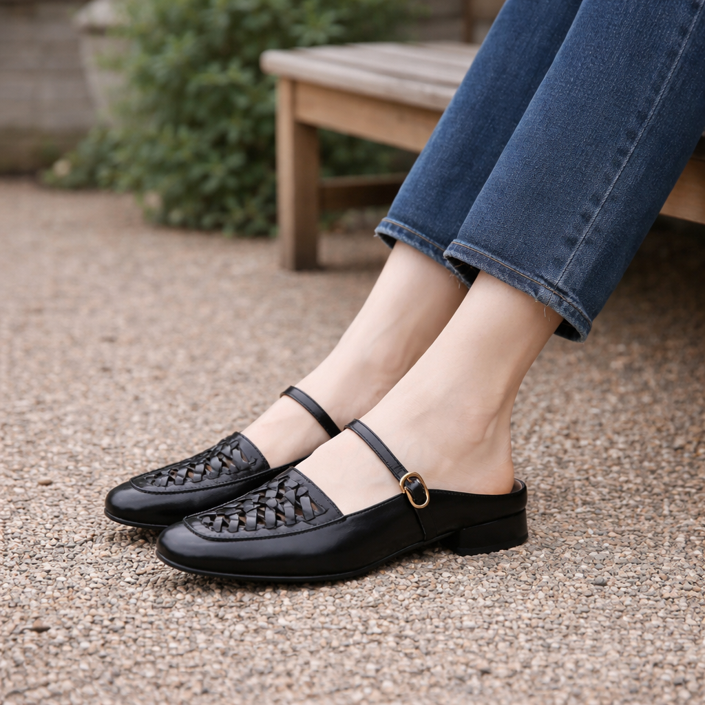 Women's Mary Jane Shoes | Woven Leather, Square Toe | Brown, Black