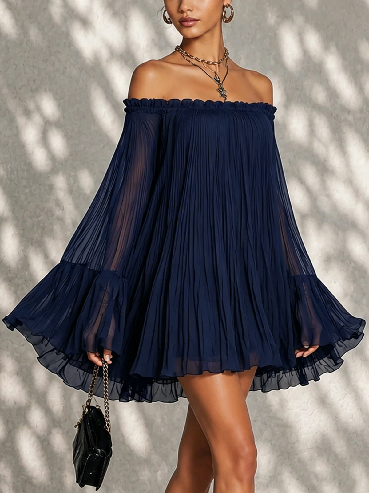 Christmas Party Dress | Women's Off Shoulder Mini Dress, Bell Sleeves, Chic