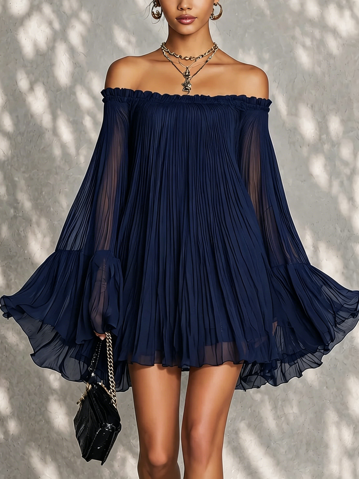 Christmas Party Dress | Women's Off Shoulder Mini Dress, Bell Sleeves, Chic