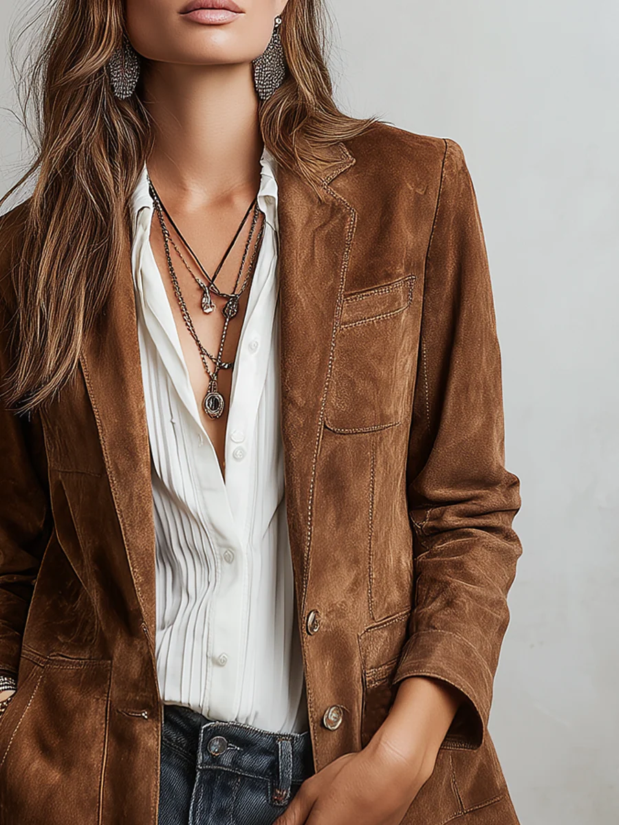 Brown Suede Jacket | Vintage Contrast Stitching | Eco-Friendly