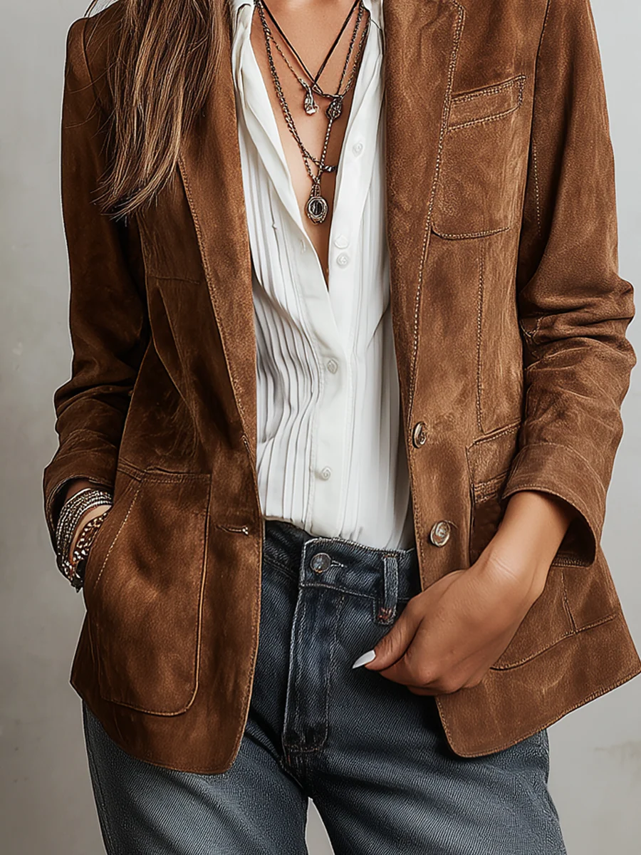 Brown Suede Jacket | Vintage Contrast Stitching | Eco-Friendly