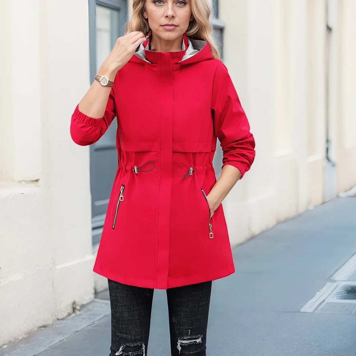 Womens reversible hooded jacket mid length with zip and button closure