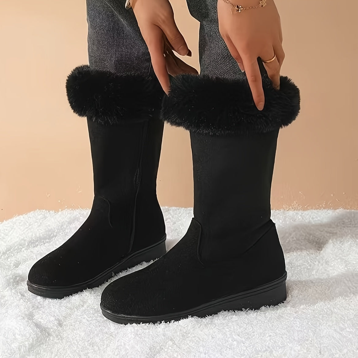 Women mid-calf boots with fur trim fold-over cuff and side zip