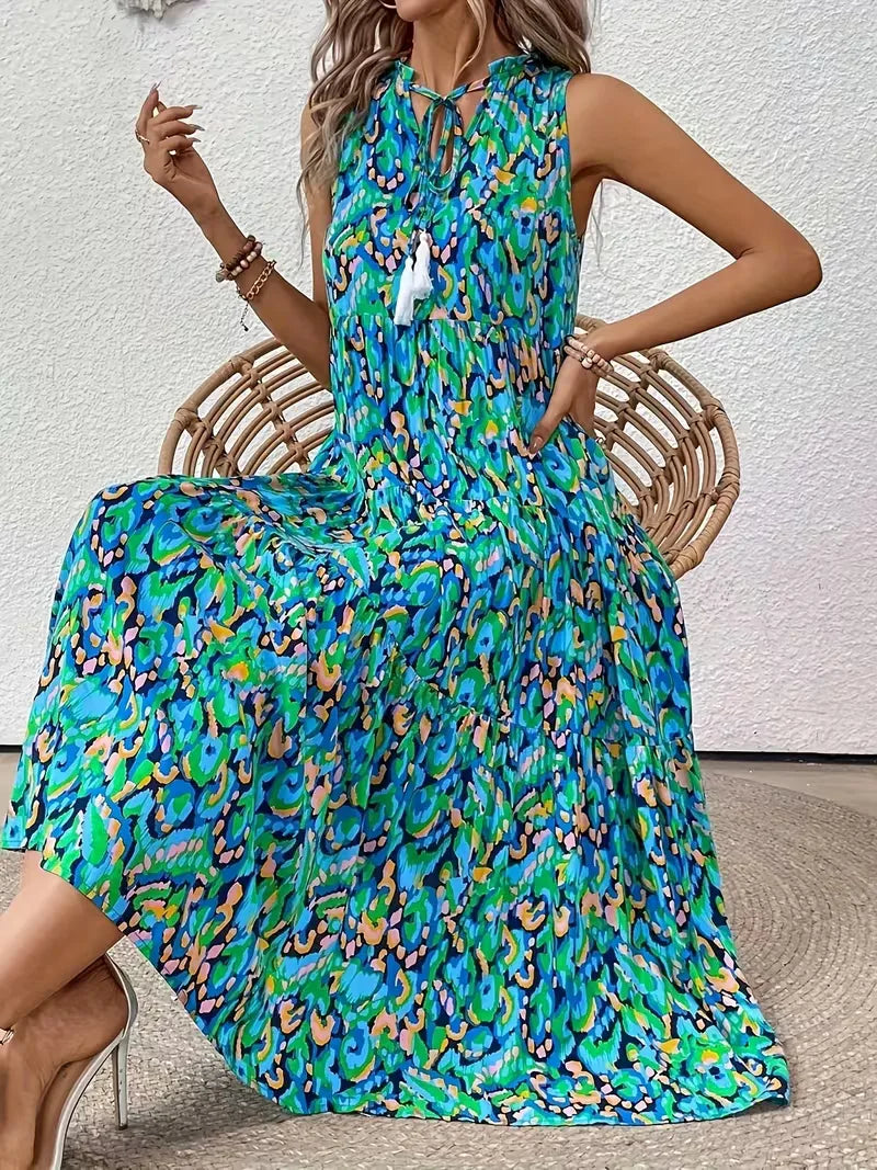 Linen Loose Summer Dress | Bohemian A-Line, V-Neck | Colorful